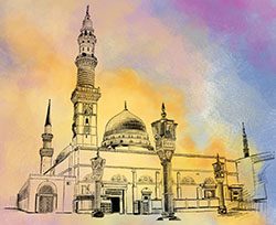 Illustration of the Prophet Muhammad’s Mosque in Madinah.© Masood Tahir (Waqfe Nau), London, UK.