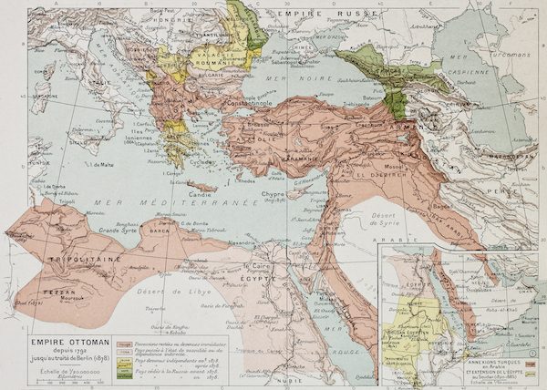 Ottoman Empire historical development old map (between 1792 and 1878). By Paul Vidal de Lablache, Atlas Classique, Librerie Colin, Paris, 1894