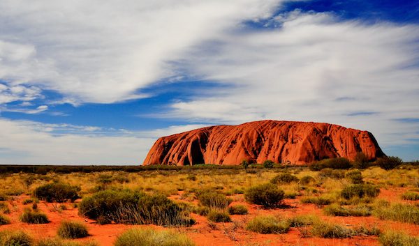 A panorama of Australia’s famous monolith, Uluru (Ayers Rock), showing the vivid change in color as the sun goes down. Uluru – Kata Tjuta National Park, Northern Territory, Australia. © Stanislav Fosenbauer | Shutterstock.com