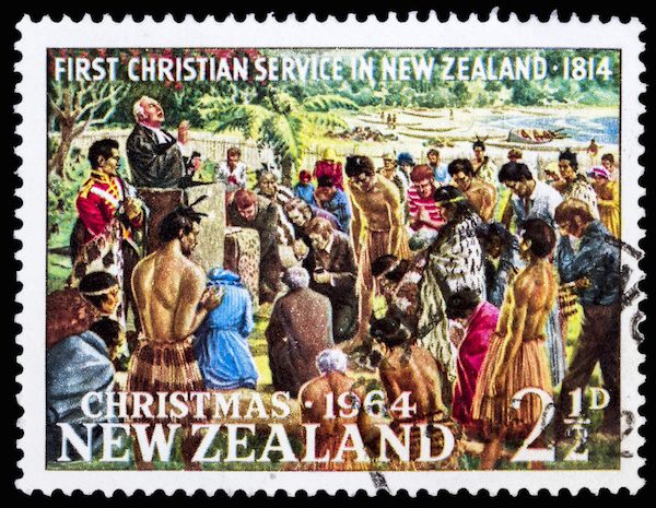 Samuel Marsden conducting reportedly first Christian Service, Rangihoua Bay, Christmas, circa 1964. Marsden is often credited as the first to introduce Christianity to New Zealand. © Taigi / Shutterstock.com