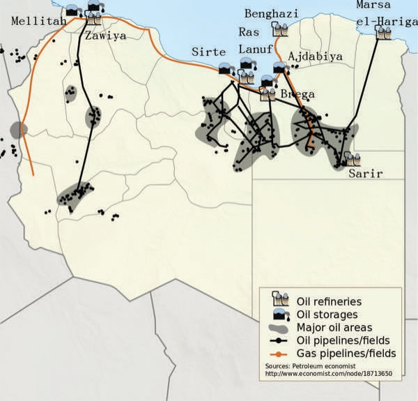 An image illustrating Libyan oil fields and pipelines in 2011. © Wiki Commons