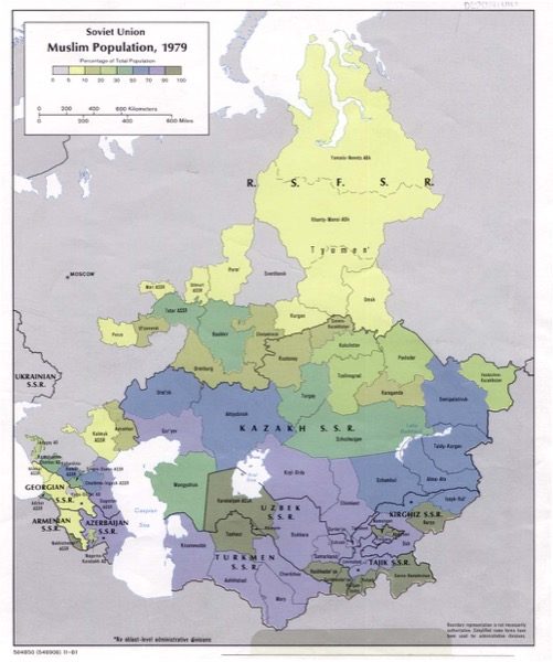 The image highlights the vast number of Muslims in the Soviet Union during 1979. It would have been a struggle to practice their faith openly without a backlash from the government. (accessed via Wiki Commons)