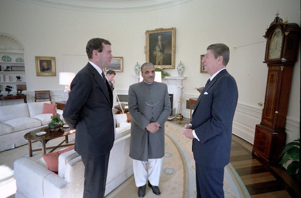 Pakistani President Muhammad Zia-ul-Haq, who established Ordinance XX which declared Ahmadis to be non-Muslims, meets with U.S. President Ronald Reagan in the Oval O ce in 1982. (Accessed via Wiki Commons).