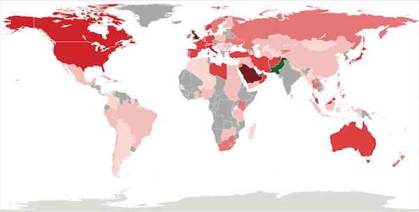 The Pakistani diaspora has reached its climax with many eeing the land and moving abroad to the West and other parts of the world. The map highlights the areas that Pakistani citizens are now living because of increased tension, corruption, violence and mistreatment in their homeland. (Accessed via Wiki Commons)