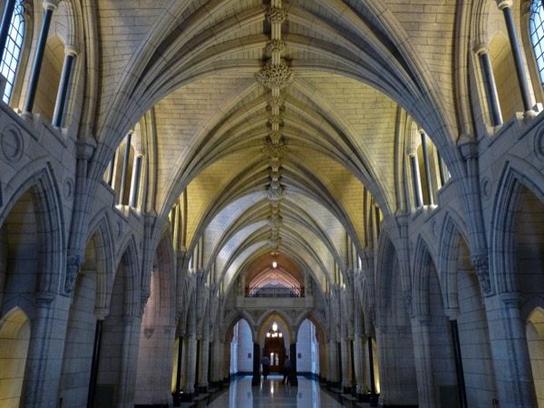 The Hall of Honour in the Centre Block in the Canadian Parliament, where, in 2014, Michael Zehaf-Bibeau killed a soldier on guard duty and then forced himself inside, eventually being killed in an exchange of gun re. This type of attack has become increasingly frequent in the last few years—leading to instability in the West. User Zipampa | Wikimedia Commons | Release under CC BY-SA 3.0