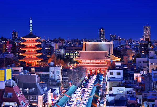 Senso-ji Temple in Asakusa visible in Tokyo, Japan. Senso-ji Temple, also known as Asakusa Kannon is the most important of Tokyo temples. Its history starts in the year 628 when a shrine dedicated to Kannon, the Buddhist goddess of mercy was first errected. In 645 was transformed into a temple by Shokai. The ancient buildings were destroyed during the World War 2, but they have been reconstructed according to original plans. © Sean Pavone | shutterstock.com