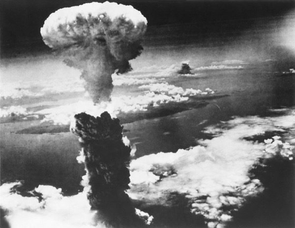 Mushroom cloud of atom bomb exploding over Nagasaki in Japan during the war