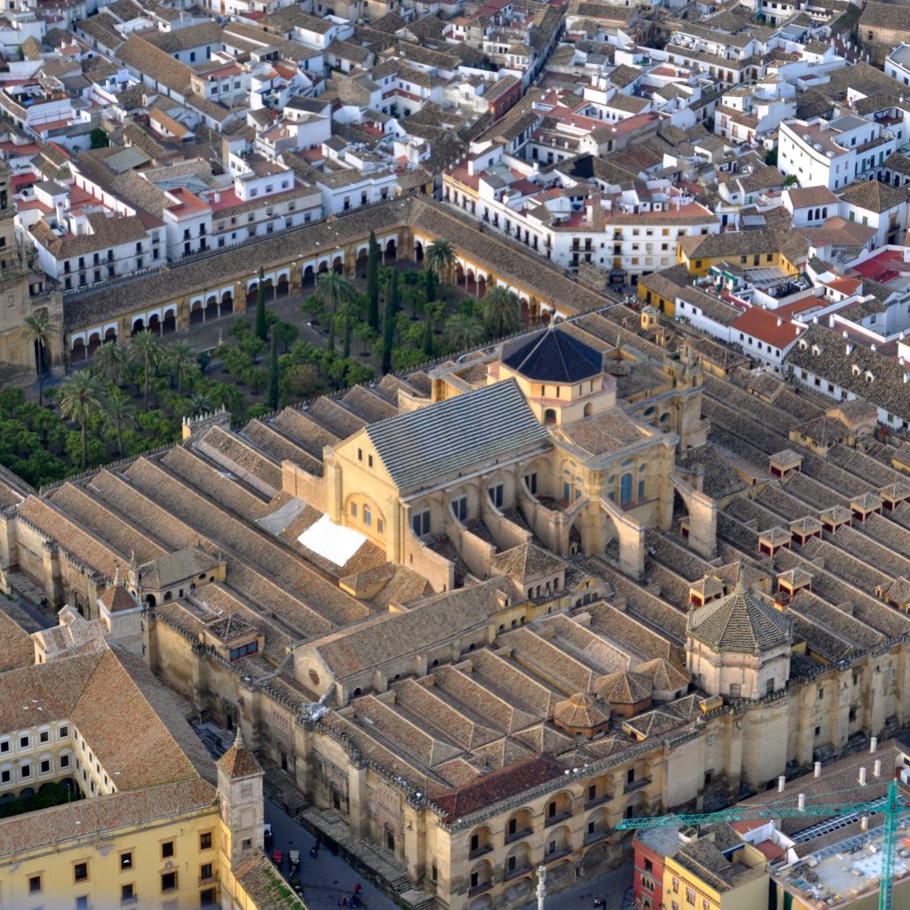 Aerial view of the Cordoba Mezquita (Mosque Cathedral) in Spain, which originally stood as a mosque and was converted to a church after Muslim rule 