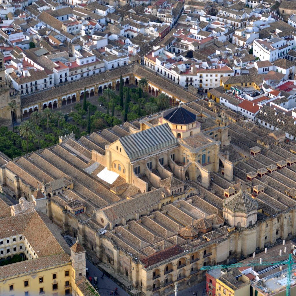 Aerial view of the Cordoba Mezquita (Mosque Cathedral) in Spain, which originally stood as a mosque and was converted to a church after Muslim rule