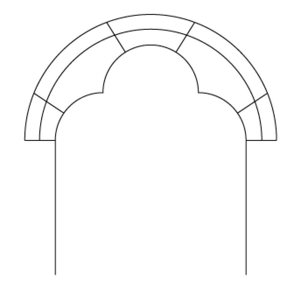 Illustration of a trefoil arch, or three-foiled cusped arch, with three overlapping rings. 