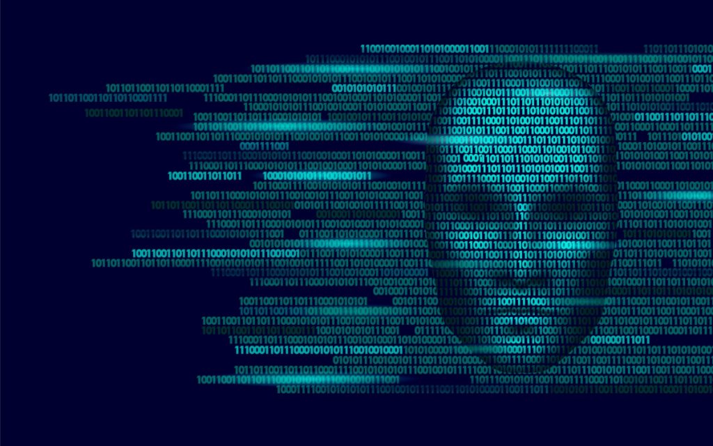 Creepy AI Head, Binary Code Backdrop