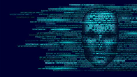 Creepy AI Head, Binary Code Backdrop