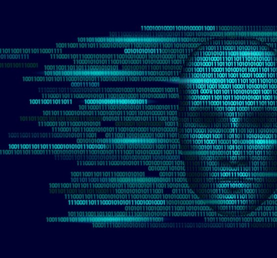 Creepy AI Head, Binary Code Backdrop