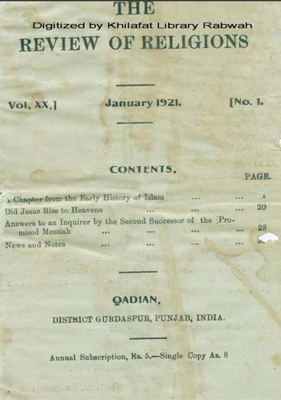 100-Year Rewind: The Review of Religions               January 1921 Edition